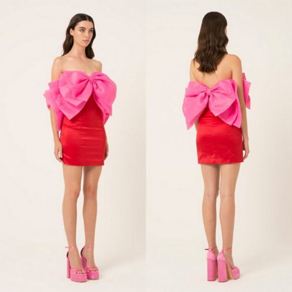 AMY LYNN NEW Oscar Oversized Bow Stretch-Satin Mini Dress In‎ Pink Medium - Picture 2 of 6